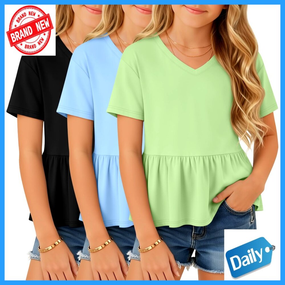 Girl's Peplum Babydoll Tunic Tees 3 Pack V Neck Ruffle Hem Short Sleeve